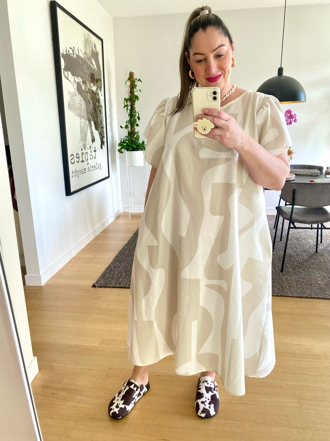 Beige White Abstract A-line Midi Dress
