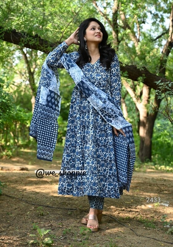 Block Printed Indigo Anarkali Set