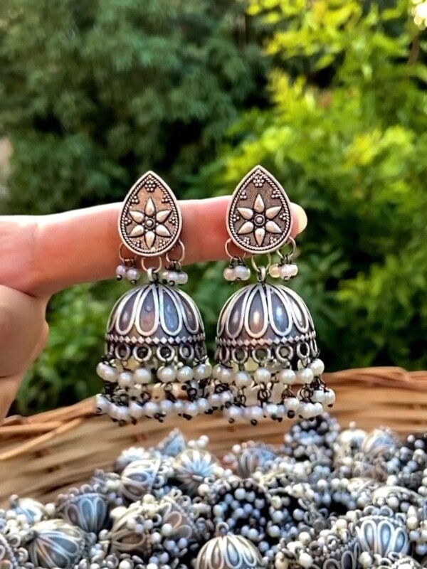 Silver Look-alike Pearl Fall Jhumkas