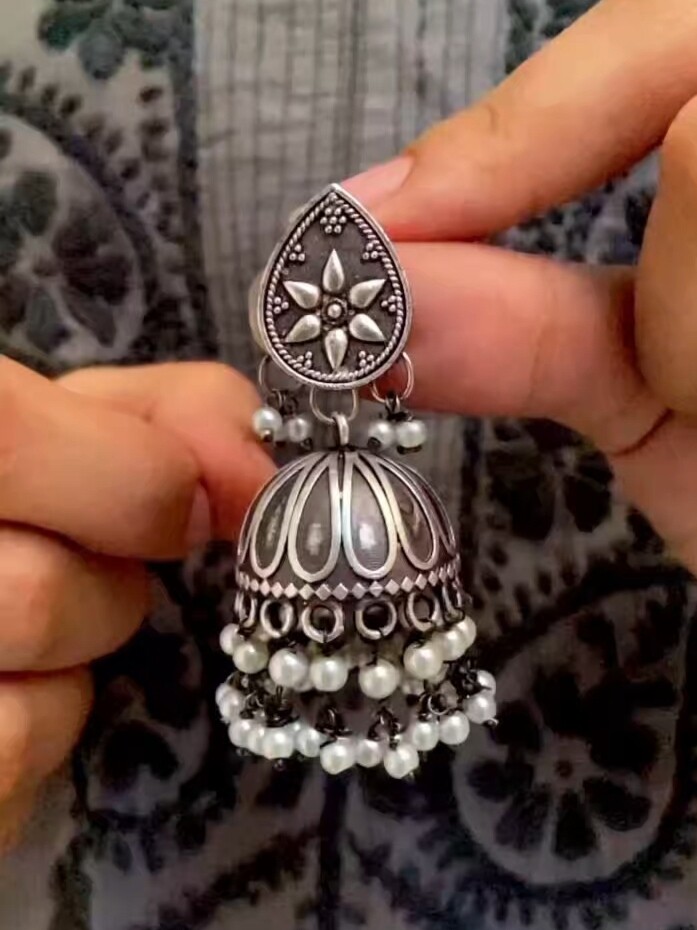Silver Look-alike Pearl Fall Jhumkas