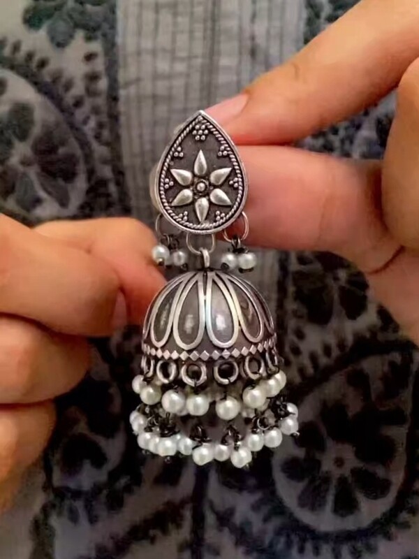 Silver Look-alike Pearl Fall Jhumkas
