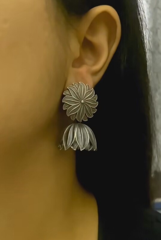 Silver Look-alike Flower Stud Jhumkas 