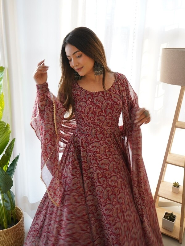 Maroon Floral Print Georgette Anarkali Pants Set 