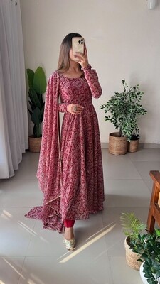 Maroon Floral Print Georgette Anarkali Pants Set 