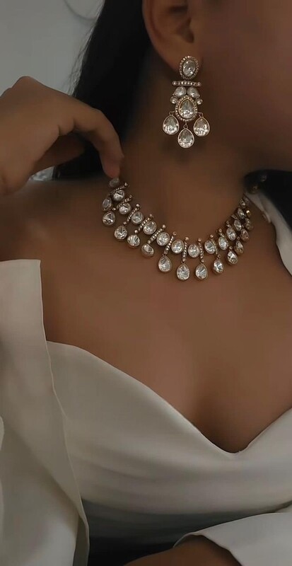Premium Polki Drop Necklace Set 