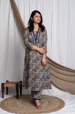 Ajrakh Kurta Pant Set With Lace Detailing