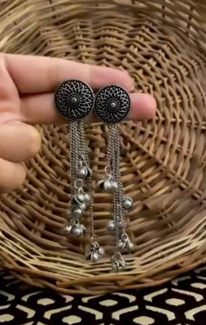 Oxidised Studded Tassel Earrings