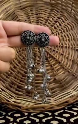 Oxidised Studded Tassel Earrings