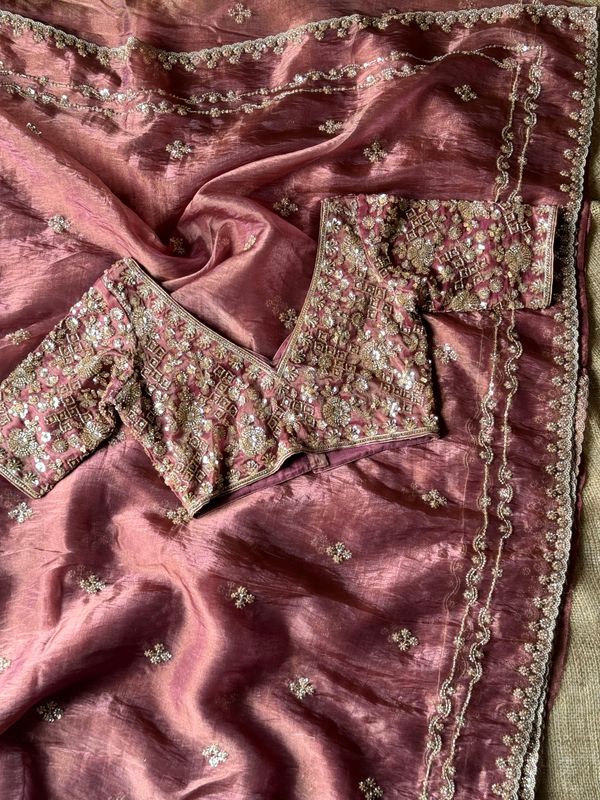 Luxury Gold Crush Hand-Embroidered Saree with Designer Stitched Blouse