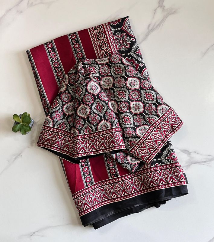 Satin Silk Ajrakh Saree with Stitched Blouse