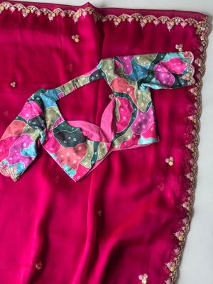 Pink Tissue Silk Saree With Contemporary Readymade Blouse