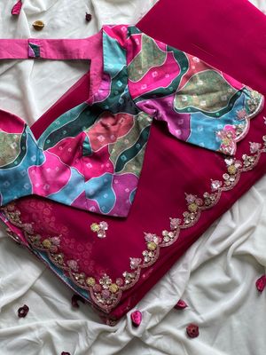 Pink Tissue Silk Saree With Contemporary Readymade Blouse