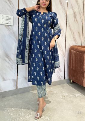 Bagru Print Cotton Kurta &amp; Pant Set With Mulmul Dupatta