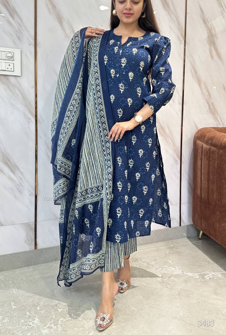 Bagru Print Cotton Kurta &amp; Pant Set With Mulmul Dupatta