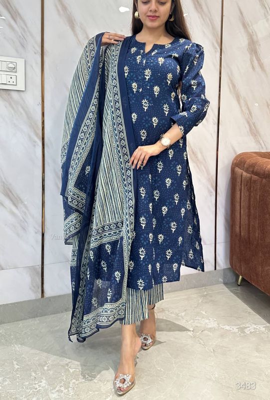 Bagru Print Cotton Kurta &amp; Pant Set With Mulmul Dupatta