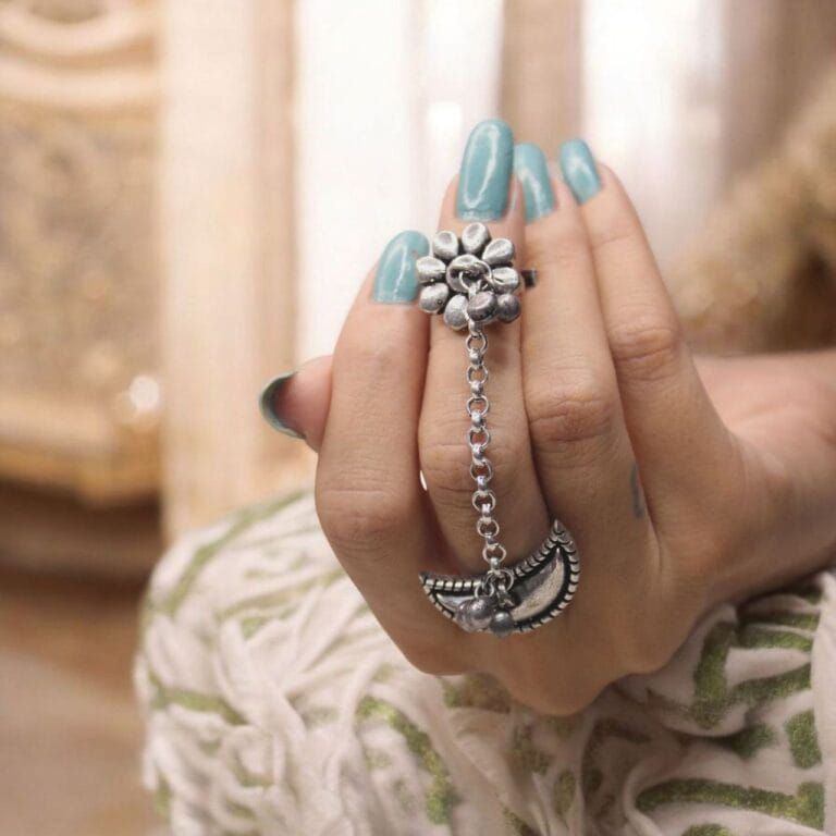 Oxidised Ghungroo Connected Finger Ring