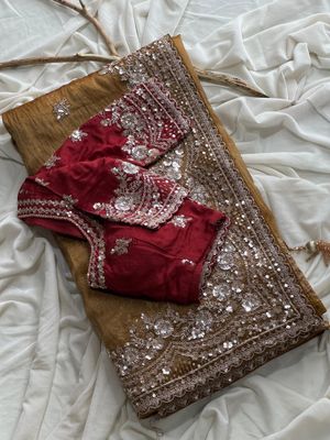 Premium Tissue Silk Embroidered Saree With Readymade Designer Blouse
