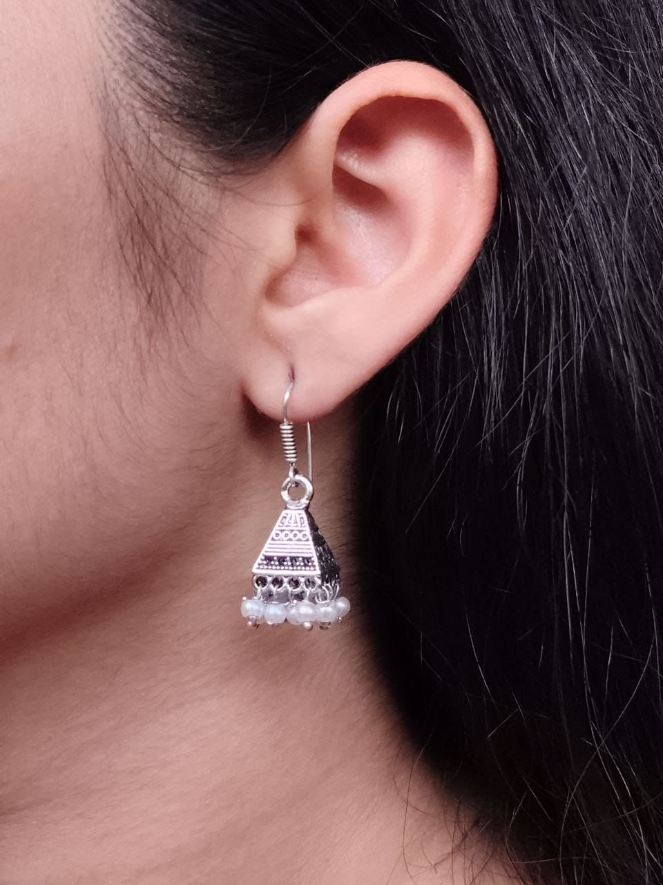 Oxidised Silver Traingle Jhumkas