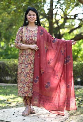 Pure Ajrakh Cotton Kurtaset With Hand-kaatha Work