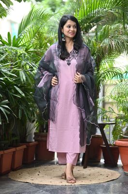 Pastel Pink Cotton Kurtaset With Dupatta