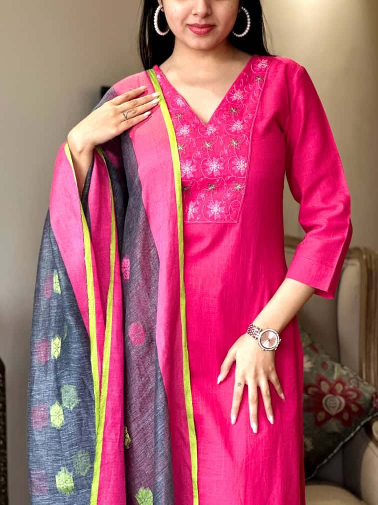 Handloom Khadi Cotton Kurtaset With Dupatta
