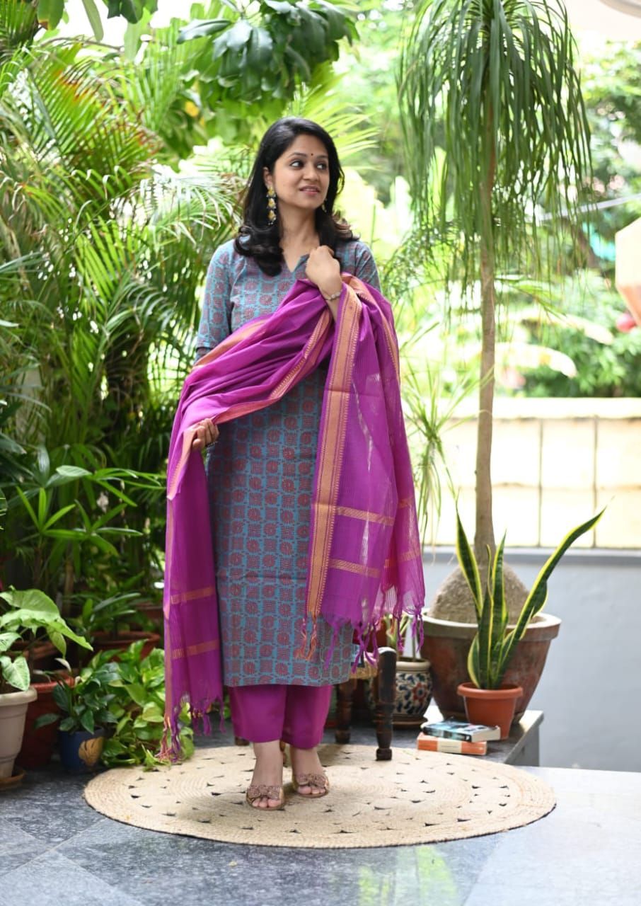 Traditional Handloom Cotton Kurtaset With Dupatta
