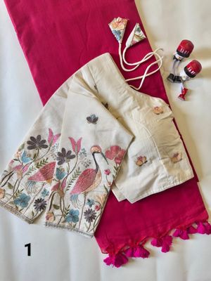 Khadi Cotton Saree with Readymade Embroidery Blouse