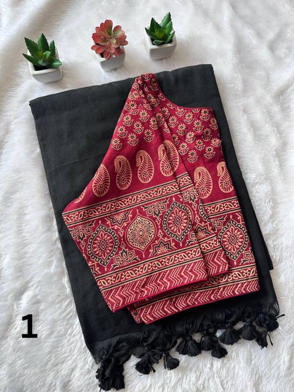 Khadi Cotton Saree with Readymade Ajrakh Blouse