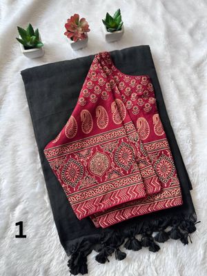 Khadi Cotton Saree with Readymade Ajrakh Blouse