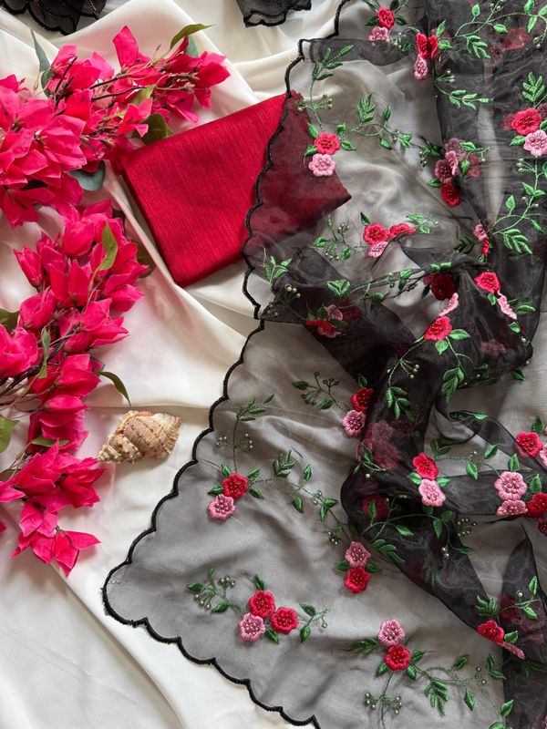 Black Organza Saree With Floral Embroidery