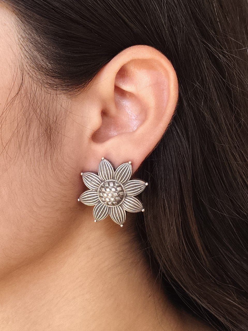 Oxidized Flower Stud Earrings