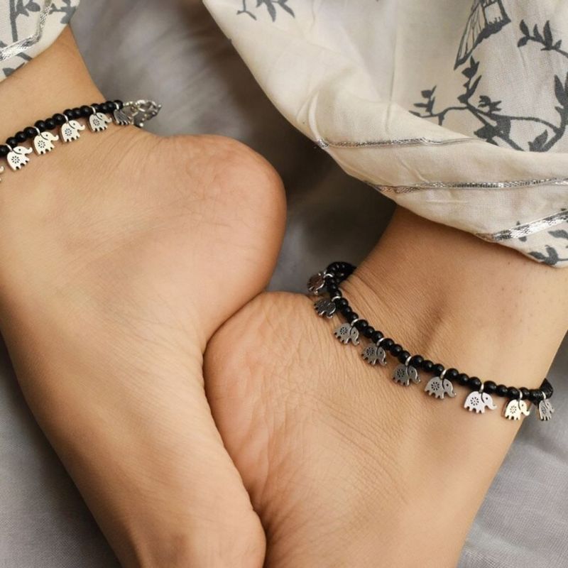 Silver Elephant Charm Anklets with Black Beads