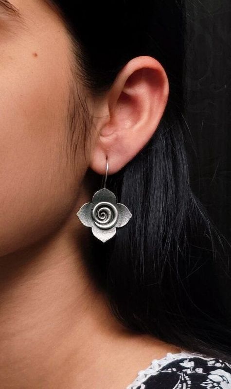 Oxidised Rose Hook Earrings