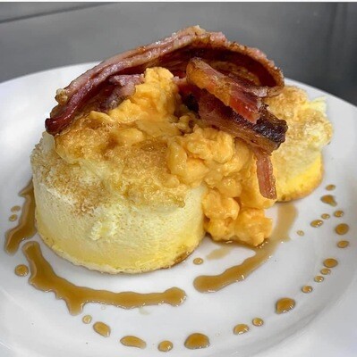 Soufflé Pancakes - Bacon, scrambled egg, maple Soufflé Pancakes - Bacon, scrambled egg, maple