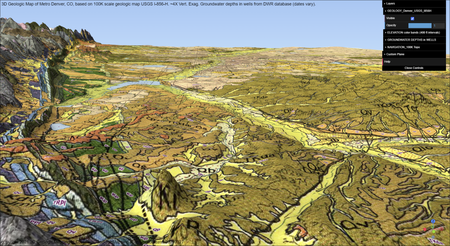 Generalized 2D and 3D Geologic Maps of Metro Denver (based on USGS I-856-H) plus groundwater depths, over entire metro area.