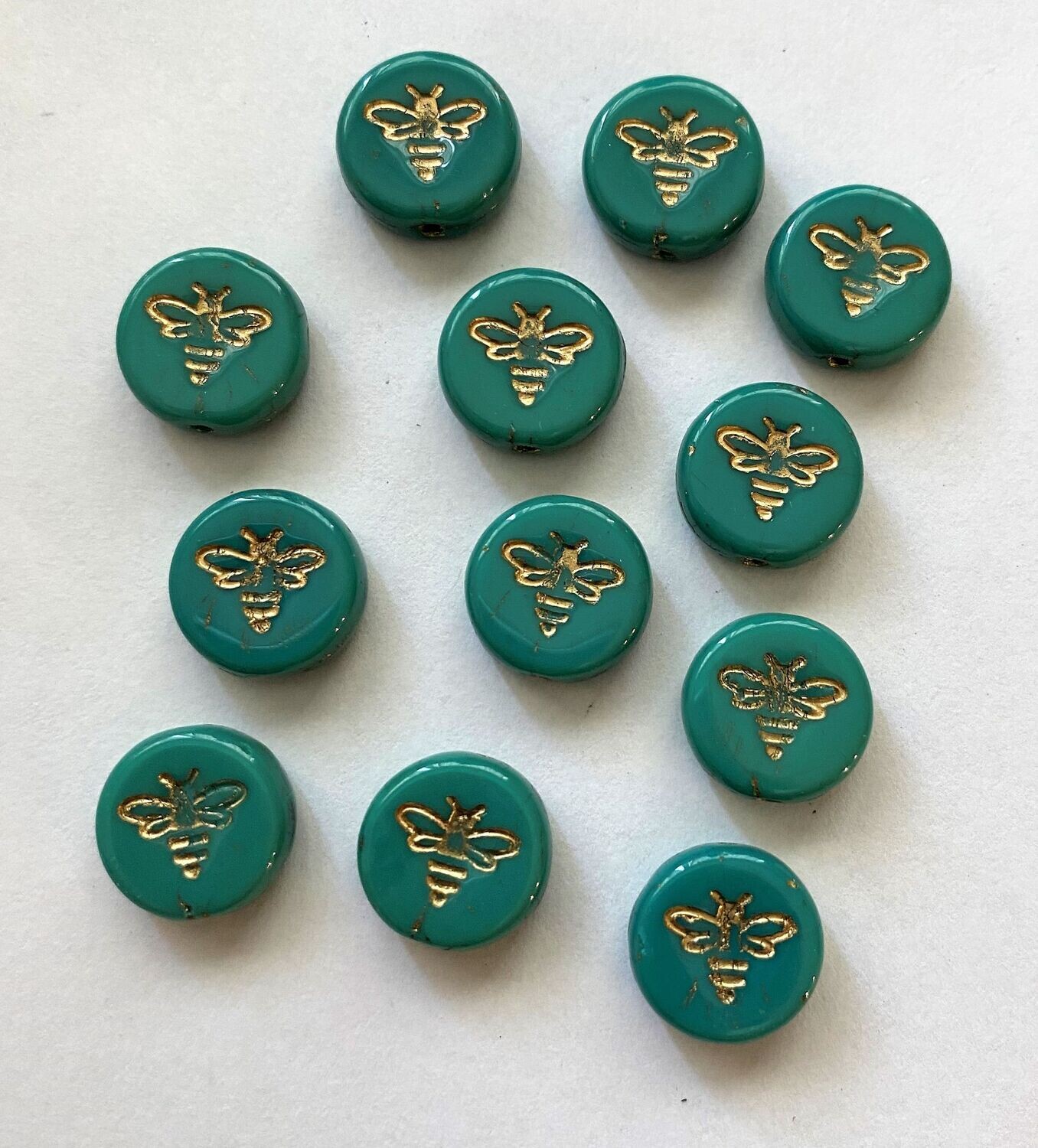 12 Teal w/ Gold Czech Glass Bee Cabochons