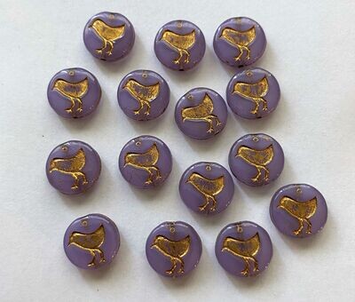 15  Lilac w/ Gold Czech Glass Bird Cabochons