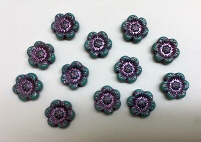 Turquoise Czech Glass Flowers with Pink Highlight
