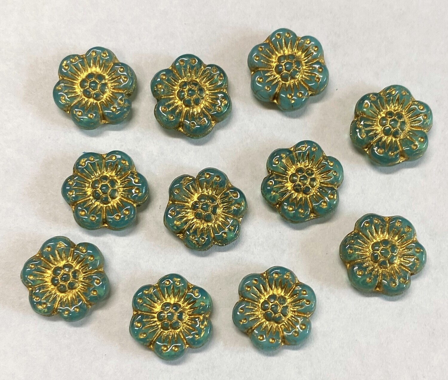 Teal Czech Glass Flowers with Gold