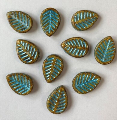 Large Honey & Turquoise Czech Glass Leaves