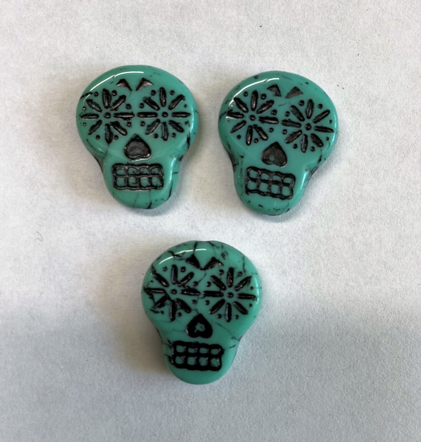3 Turquoise Sugar Skulls - Czech Glass