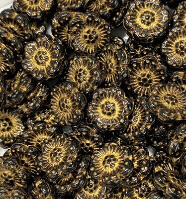 14mm Jet Black Czech Glass Flowers with Bronze Highlights