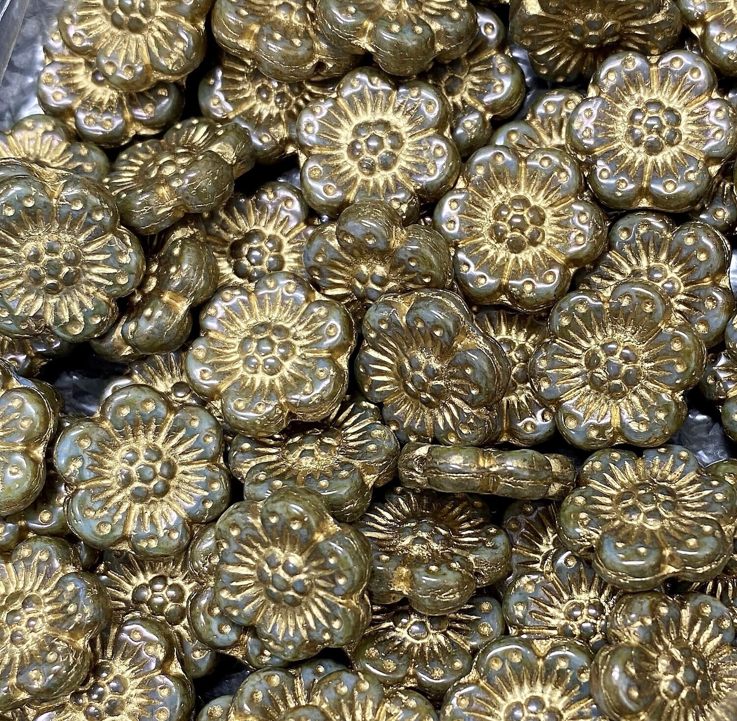 14mm Sage Green Czech Glass Flowers with Gold