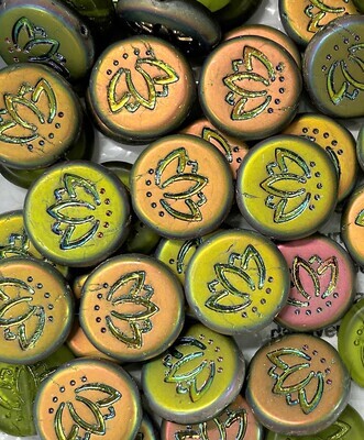 14 mm  Olive Green Iridescent Lotus Cabachons