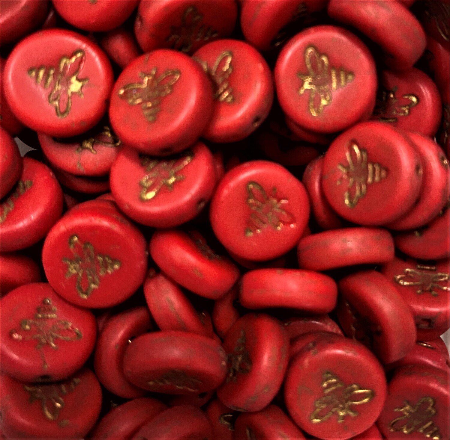 10 Red Bee Cabochons- Czech Glass 12mm