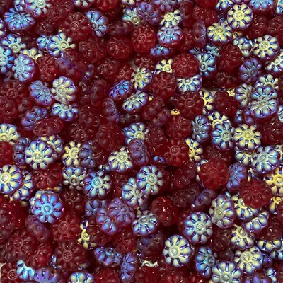 9mm Iridized Red Czech Glass Flowers