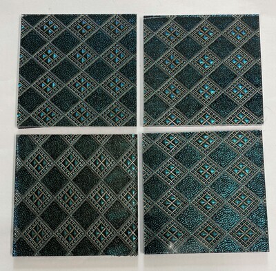 4 Turquoise Sparkle Diamond Glass Pieces  3" x 3"
