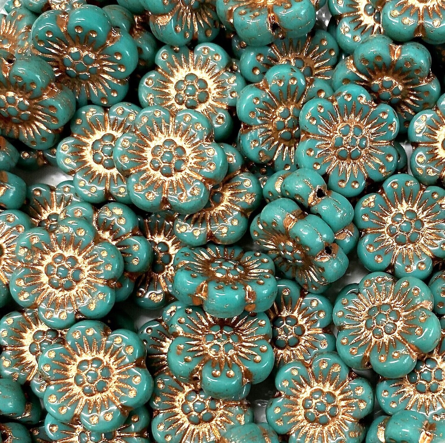 14mm Turquoise Czech Glass Flowers with Copper