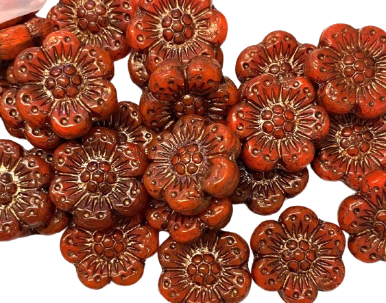 Red Orange 14mm Czech Glass Flowers