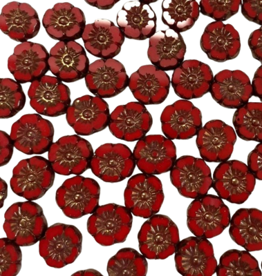 9mm Scarlet Red Czech Glass Hibiscus Flowers